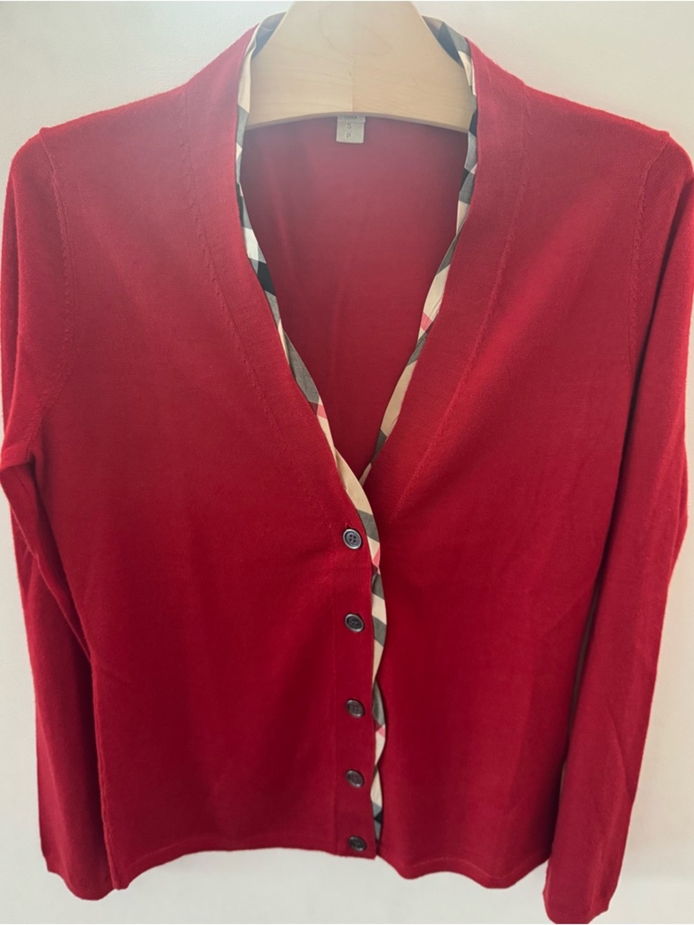 Burberry Brit Red V-Neck Button-Front Cardigan with Signature Trim Size S